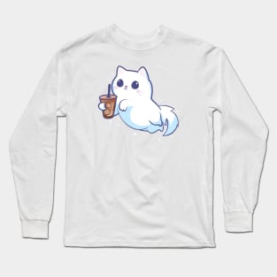 Cute Ghost Cat With Iced Coffee Long Sleeve T-Shirt